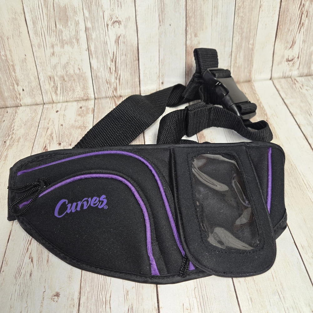 Curves Fitness Fanny Pack Waist Belt Bag Black Purple Phone Holder 2 Zip Pockets